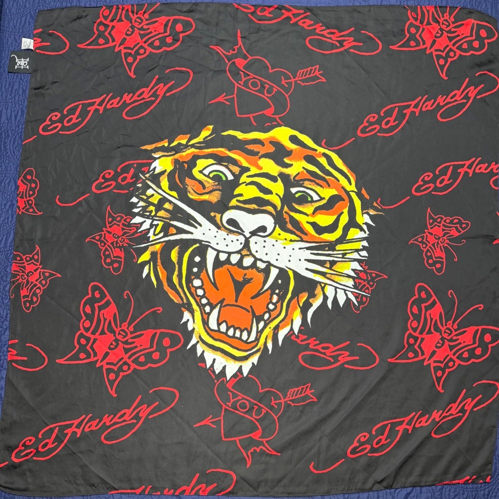 Ed Hardy Tiger Tattoo Print Black Square Scarf Red Butterfly Y2K Accessory